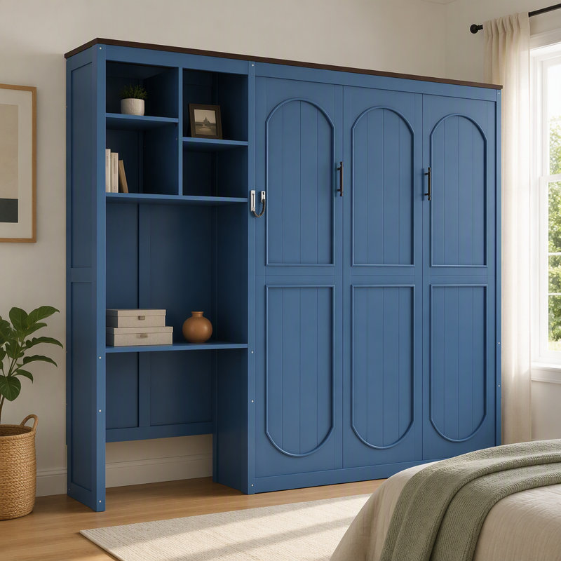 Grand lit escamotable avec bureau intégré et armoire de rangement multicouche, Bleu