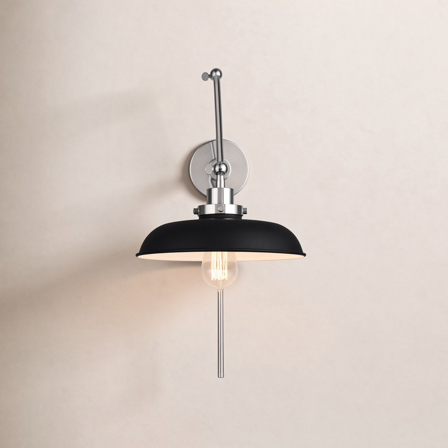 Single Light Armed Sconce, Midnight Black, Polished Nickel