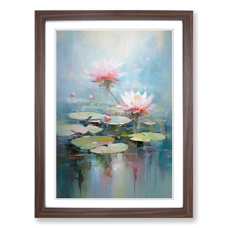 Lotus Flower Impressionism No.3 - Single Picture Frame Print on Wood, Walnut Framed, 34cm H x 25cm W x 2cm D
