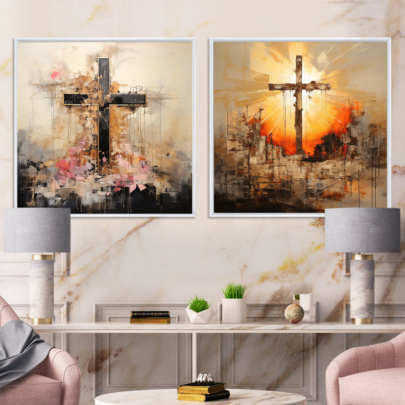 Minimalisme floral, croix religieuse - ensemble de 2 collages carrés, H 16 po x l 33 po, Cadre flottant blanc