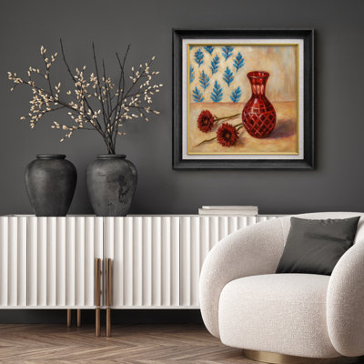 «Red Glass Vase and Floral Still Life Wall Decor», reproduction d'art sur toile encadrée