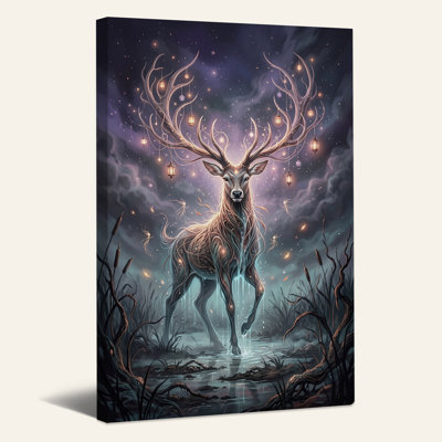 Tableau sur toile représentant un cerf lumineux aux bois de lanterne