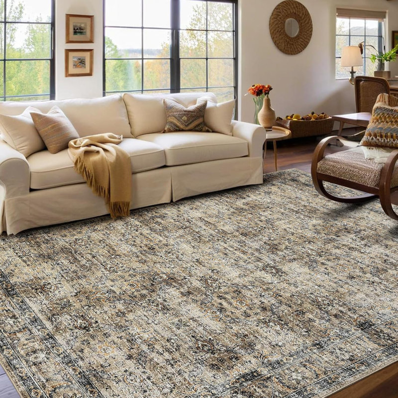 Vintage Rug Distressed Retro Oriental Washable Non-Slip TPR Backing Low Pile Thin Foldable Soft Non-Shedding Nursery Grey