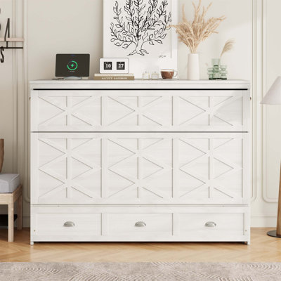 Grand lit escamotable grand format avec grands tiroirs et charge USB, pour un gain de place et une commodité moderne.