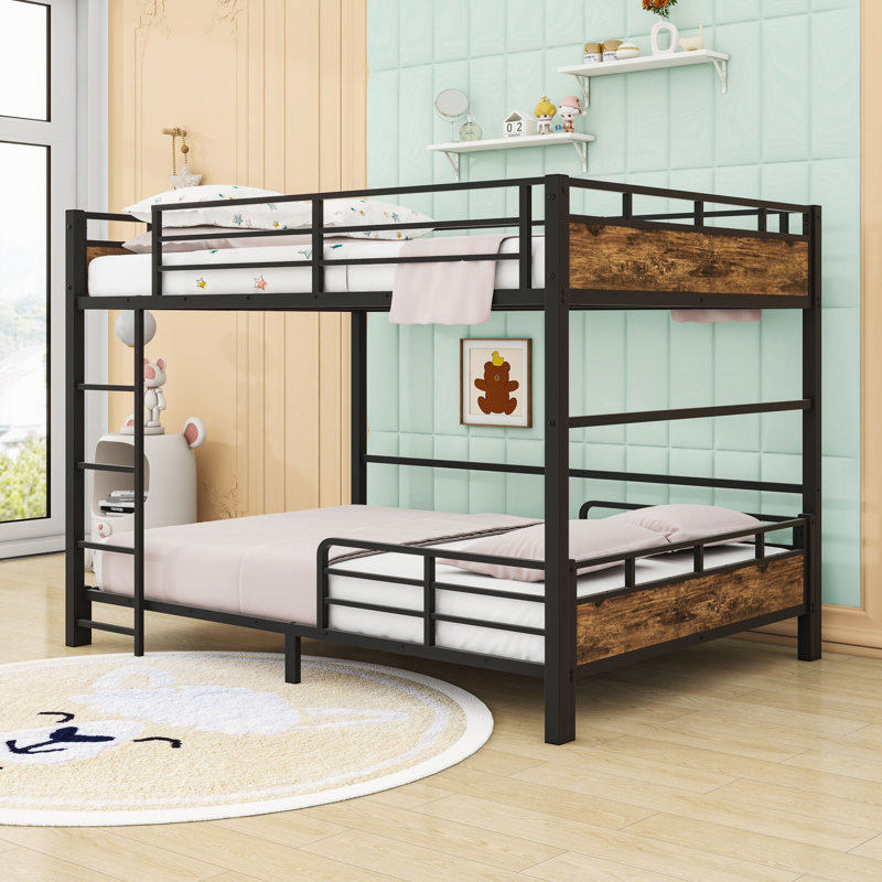 Metal Loft Bunk Bed With Slats And Ladder, Vintage Wood, Full XL over Full XL