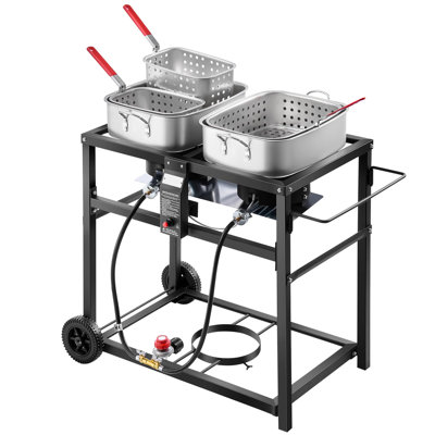 Friteuse d'extérieur au propane, friteuse commerciale à double cuve 18QTx2, chariot de friture portable polyvalent avec roue, 3 paniers, 2 thermomètres, cuiseur en acier inoxydable pour frites, 40 000 BTU