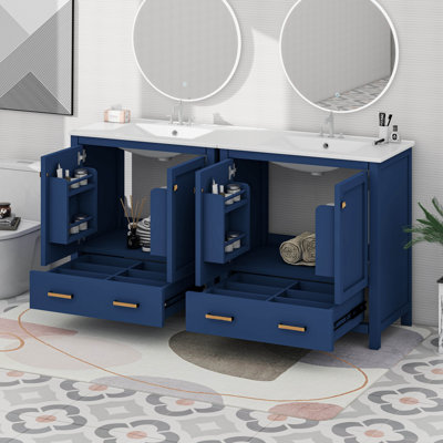 60 Inch Bathroom Vanity Set With Double Vanities And Double Ceramic Sinks, Divided Drawers