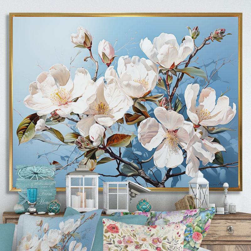 «Magnolias» blanc et bleu I - impression, H 24 po x l 32 po x P 1 po, Cadre flottant doré