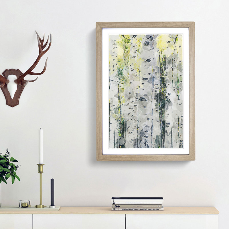 A Yellow Birch Tree Forest in Abstract - Framed Print, 65cm H x 48cm W x 2cm D, Oak Framed