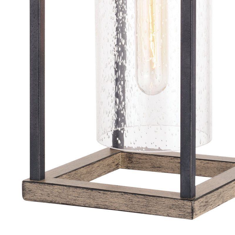 Adelgund 15 in. H 1-Light Forged Black and Rustic Elm Dusk to Dawn Sensor Outdoor Wall Sconce, Durable Steel, Clear Seeded Glass Shade, LED Compatible for Porch Patio Front Door or Garage