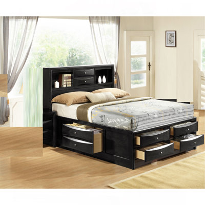 1pièce lit plateforme capitaine très contemporain avec tablettes et tête de lit, rangement latéral, meubles de chambre en bois massif, finition noire