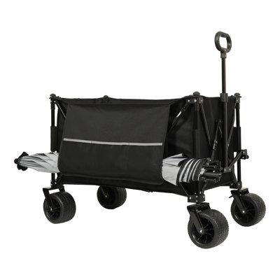 Collapsible Foldable Extended Wagon,480Lbs Weight Capacity, Heavy Duty Folding Utility Garden Cart With Big All-Terrain Beach Wheels & Drink Holders,Side Pocket And Brakes, Black