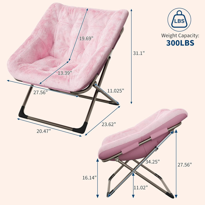 Rabbit Fur Saucer Chair, Foldable Faux Fur Lounge Chair with Metal Frame, Pink, Pink