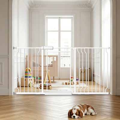 Triple Lock Pet Gate with Clear Acrylic Panel - Adjustable 57-64" Wide Pressure Mount for Stairs, Doorways Metal White