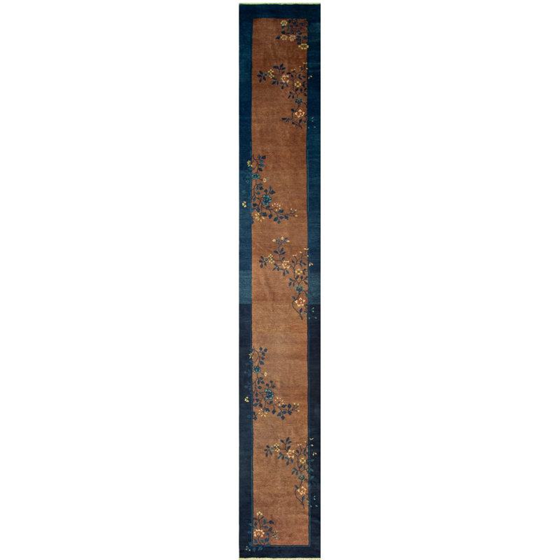 Earthy Brown Antique Chinese Long Wool Pile Floral Hallway Runner Peking Rug