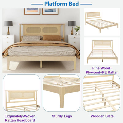 Lit plateforme en bois avec tête de lit en rotin et pieds robustes en bois