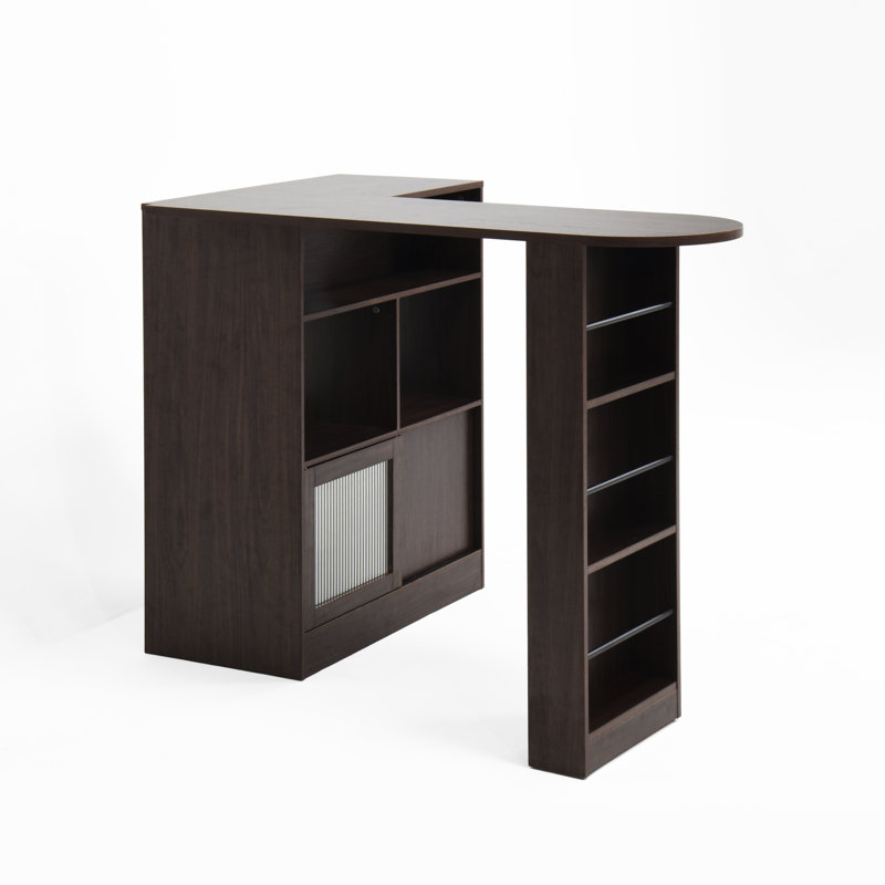 Counter Height Dining Cabinet With 6 Storage Shelves And 2 Textured Glass Panels, Walnut Rotating Top Bar Cabinet, Walnut, Compartments Panels