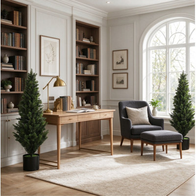 Pair of Faux Cypress Plants with Weighted Pots, Lifelike PE Foliage for British Entrance Home Decor