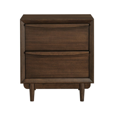 2 Walnut Finish Bedside Table With Charging, Mid-Century Flair Modern Nightstand 2 Drawer Compartments And