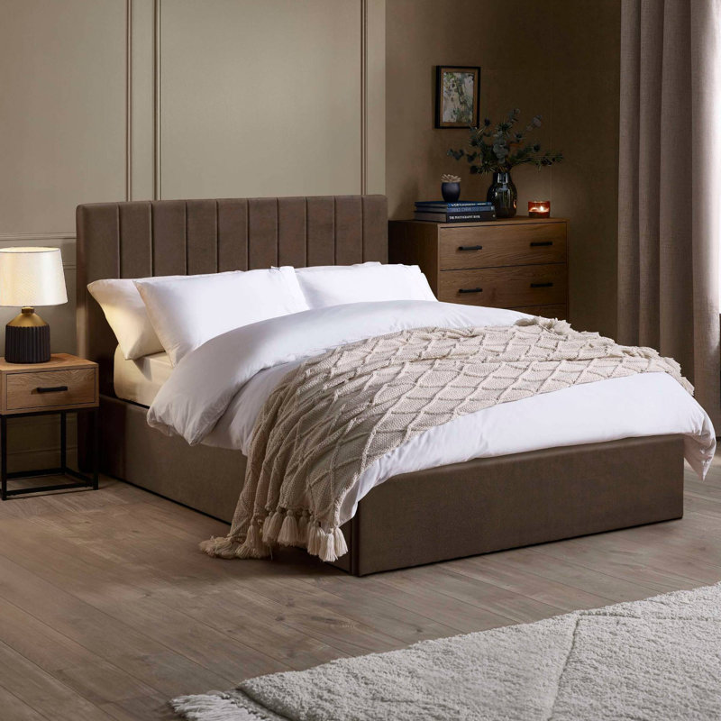 Osias Linen Upholstered Ottoman Bed Frame, Double (4'6), Brown