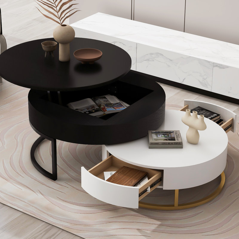 Tables basses modernes avec 2 tiroirs, plateau relevable et gigogne, blanc et noir Intrigue Modernité, Blanc/Noir