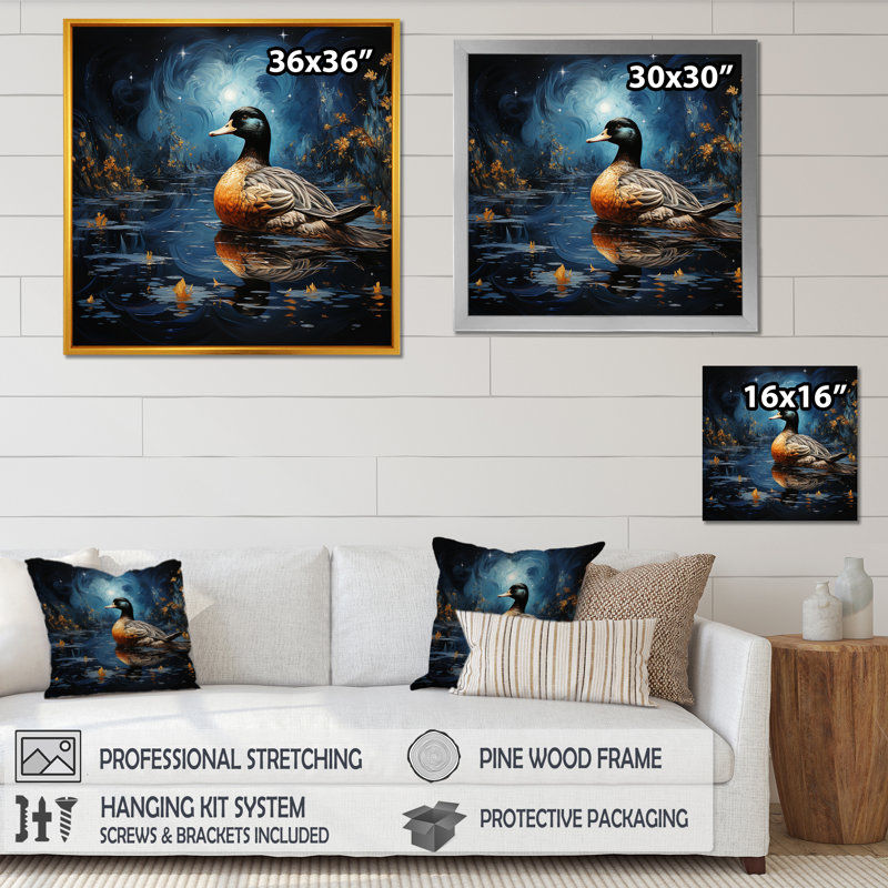 «Blue Duck Midnight Ponder III», art mural animal canard, Toile tendue, H 16 po x l 16 po x P 1 po