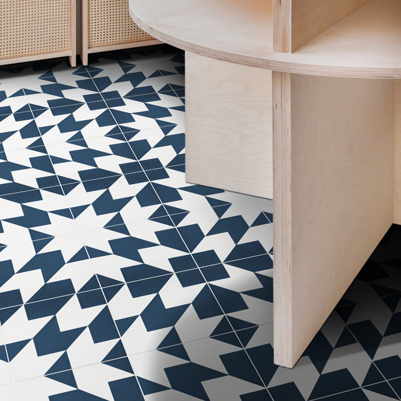 Oujda 8" x 8" Cement Patterned Wall & Floor Tile, Blue/White