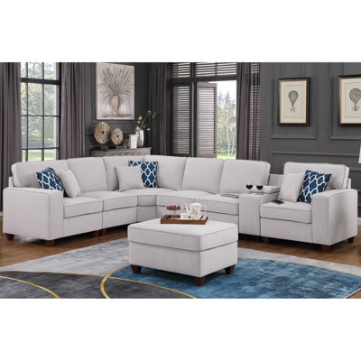 Canapé modulaire gris avec matériau en lin, 6 coussins décoratifs, port pour gadgets, coussins de dossier amovibles et hygiéniques - coussins décoratifs inclus, porte-gobelets, nettoyage efficace, fauteuils sans accoudoirs