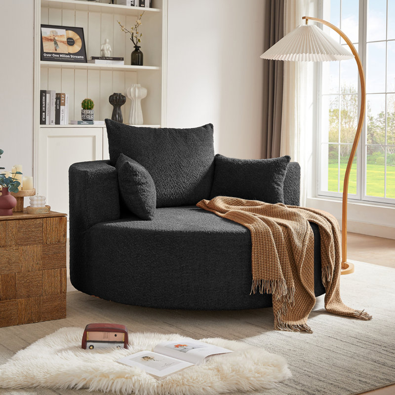 Chunni 360° Swivel Chenille Accent Chair with Removable Pillows, Black, 26.9" H x 55.1" W x 55.1" D
