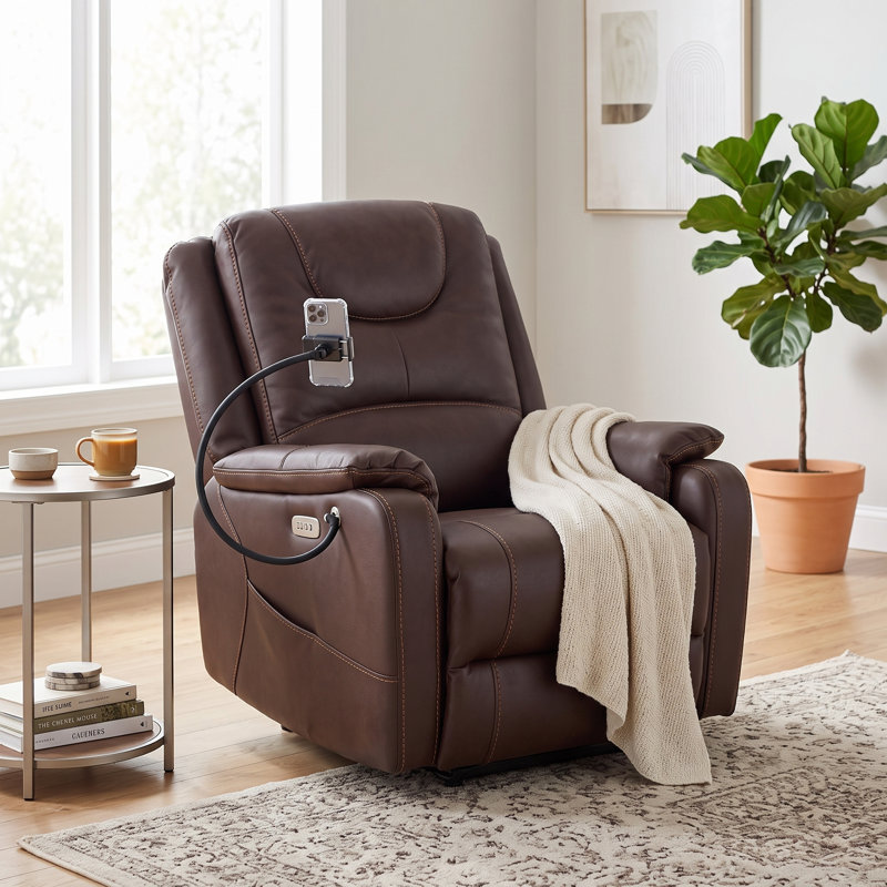 Leather Power Recliner and Recliner, Cuir brun