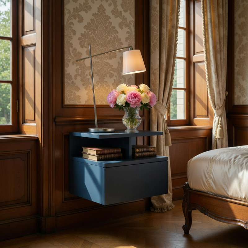 Table de chevet flottante Adele, avec un tiroir et deux petites tablettes inférieures pour le rangement ou la décoration
