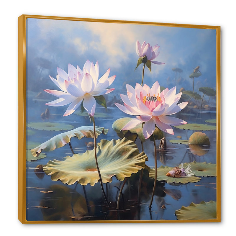 Lotus, éternelle beauté parmi les nénuphars, Cadre flottant doré, H 24 po x l 24 po x P 1 po