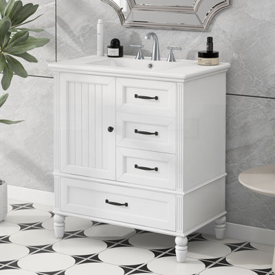 Meuble-lavabo de salle de bain avec lavabo, armoire, porte, trois tiroirs, pieds en bois massif, panneau de fibres à densité moyenne, patins réglables, blanc