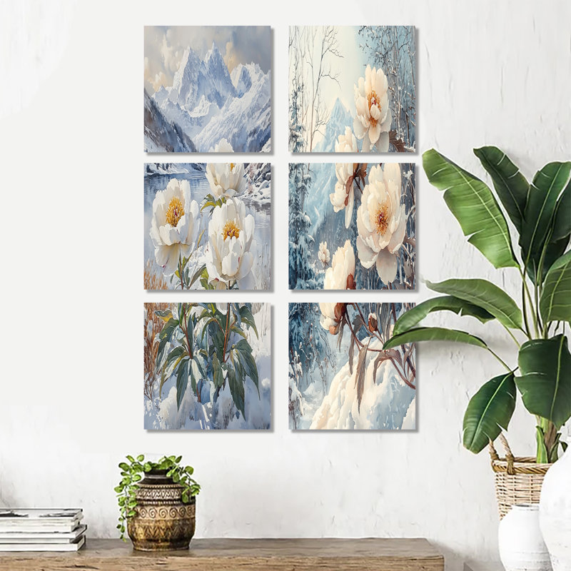 Pivoines enneigées dans la forêt - ensemble de 6 impressions murales florales, Toile tendue, Ne s’applique pas