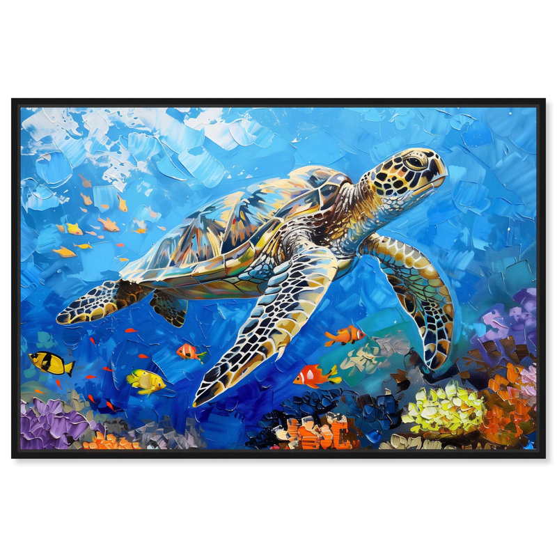 Colorful Coastal Turtle Swimming Canvas Wall Art in Black Frame
