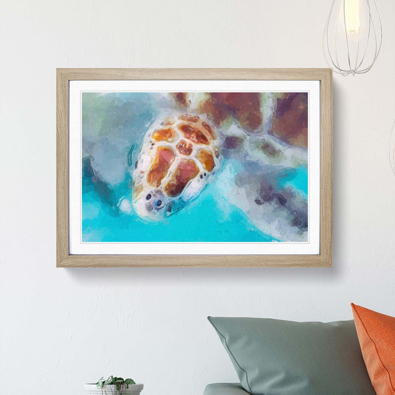Green Sea Turtle in Abstract - Picture Frame Graphic Art Print, 48cm H x 65cm W x 2cm D, Oak Framed