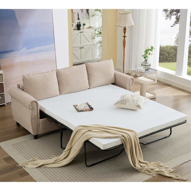2 In 1 Queen Convertible Sleeper Sofa Bed With Memory Foam Mattress, Beige