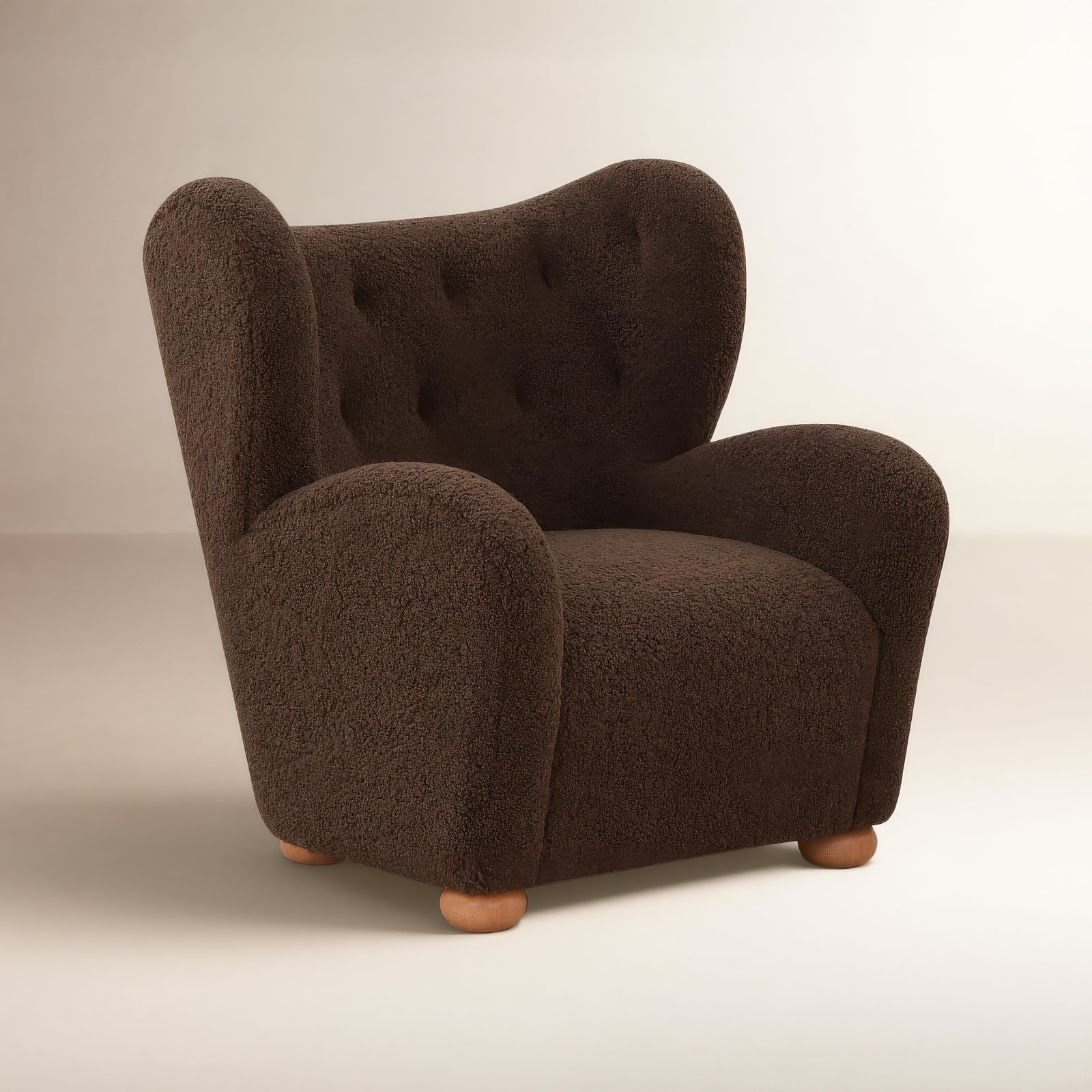 Levin Wingback Chair, Dark Brown Faux Shearling