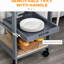 Îlot de cuisine mobile avec tiroir de rangement, panier et plateau grillagés, plateaux roulants gris, gris