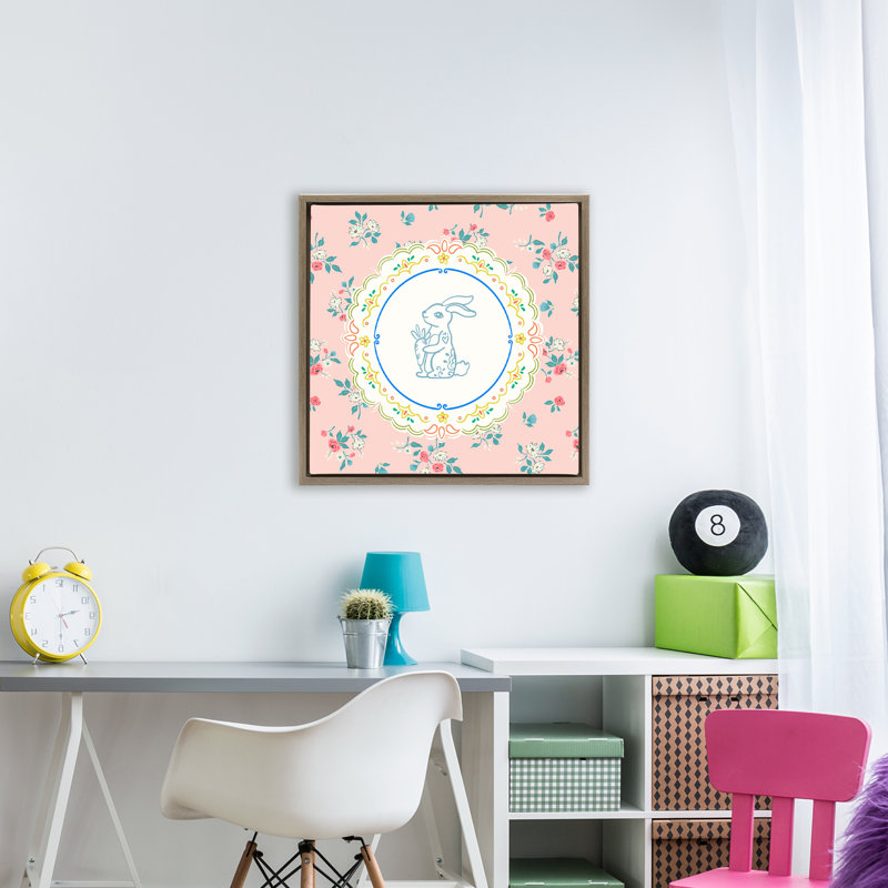 Cadre flottant Whimsical Spring Bunny, design par Angela Steahling, H 25 po x l 25 po, Cadre flottant orme Montalcino