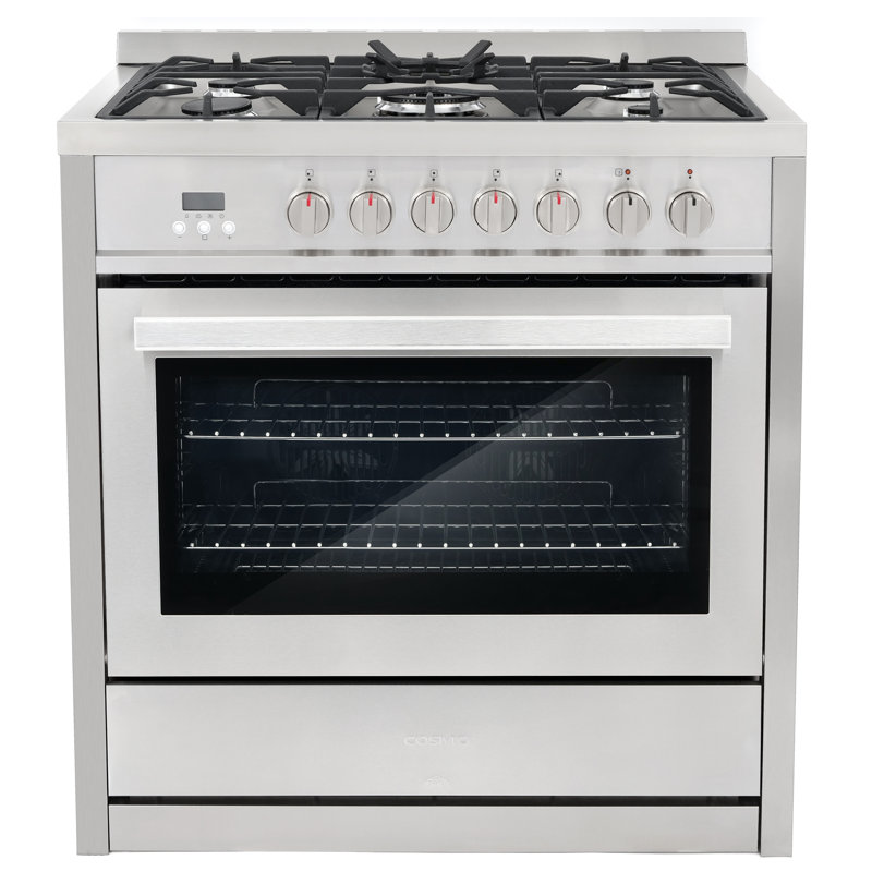 Cosmo 36 po Stellar Collection 4,4 pi³ Cuisinière à double combustible, 5 brûleurs, four à convection, poignée lisse, acier inoxydable
