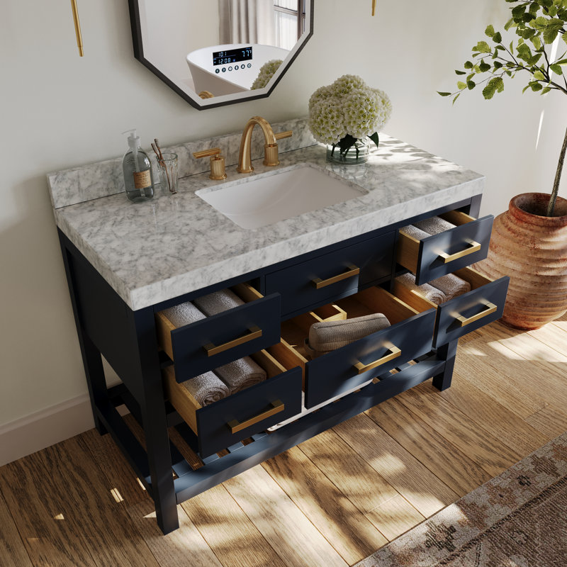 Ensemble de meuble-lavabo simple 48 po Carrie, Bleu héritage / or brossé, Marbre blanc de Carrare