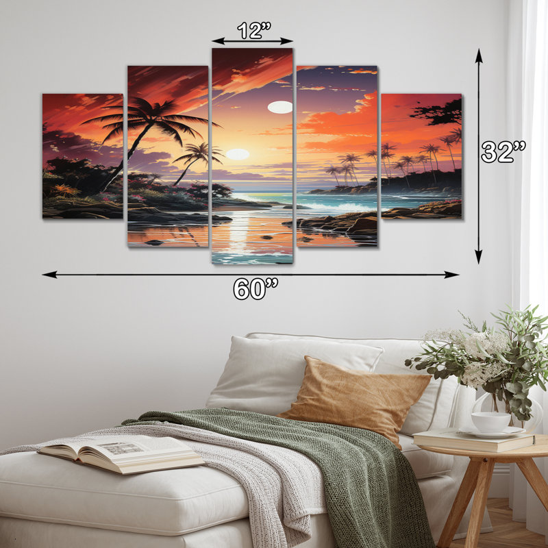 Coral Palm Trees Landscape I - Décoration murale palmiers - 5 panneaux