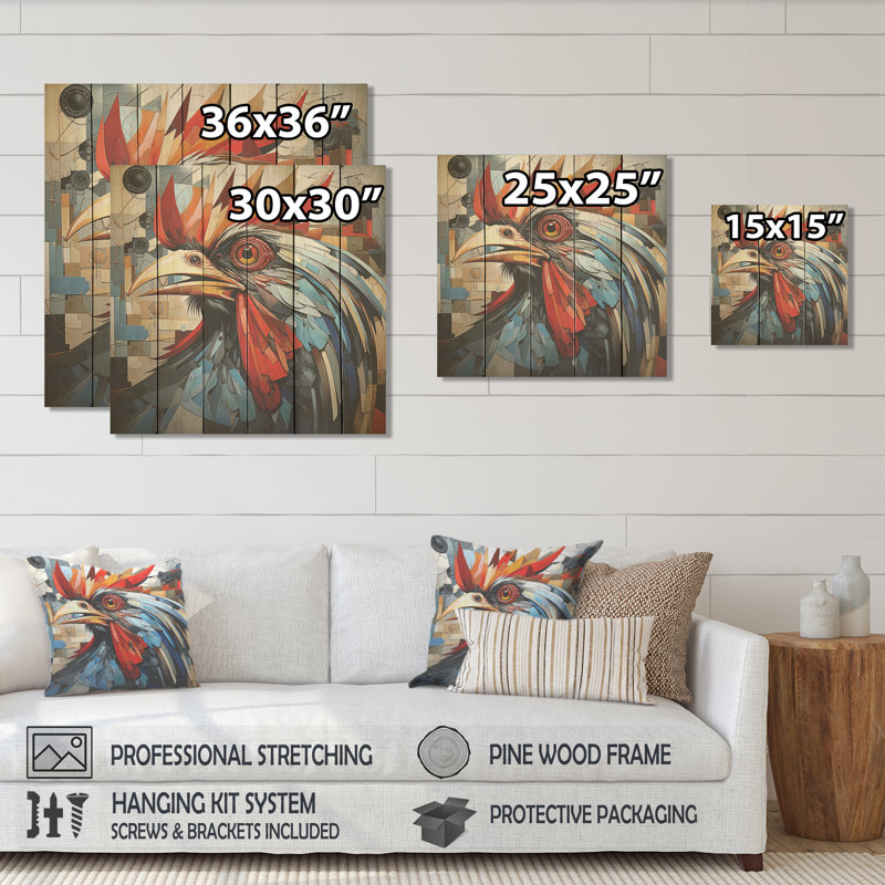 «Cubic Colorful Rooster Collage II», animal de poulet sur bois, H 30 po x l 30 po