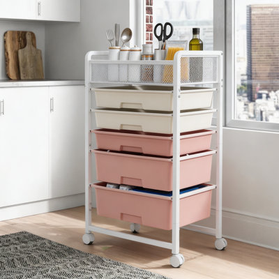 Chariot de rangement roulant à 5 tiroirs avec panier supérieur en métal, organisateur utilitaire mobile avec roulettes verrouillables, structure en acier robuste et tiroirs en plastique sans BPA pour la cuisine, le bureau, la chambre à coucher, la salle de bricolage, le rangement de jouets Snack
