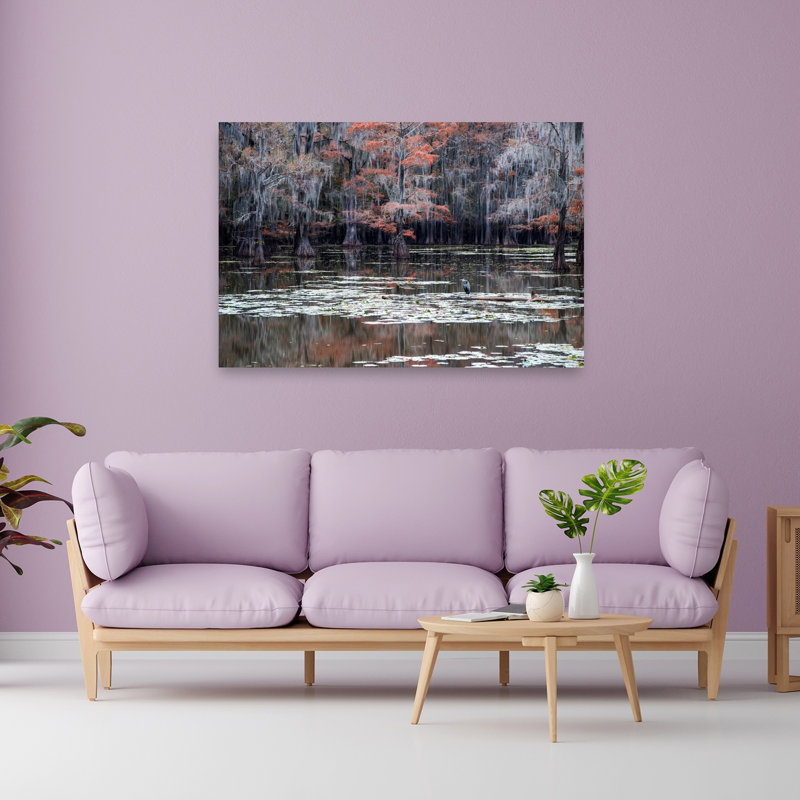 Heron In Autumn Cypress Swamp Peaceful Serene Tranquil Bird Cypress Lily Autumn Landscape Wall Art Print by Summer2016 - Print