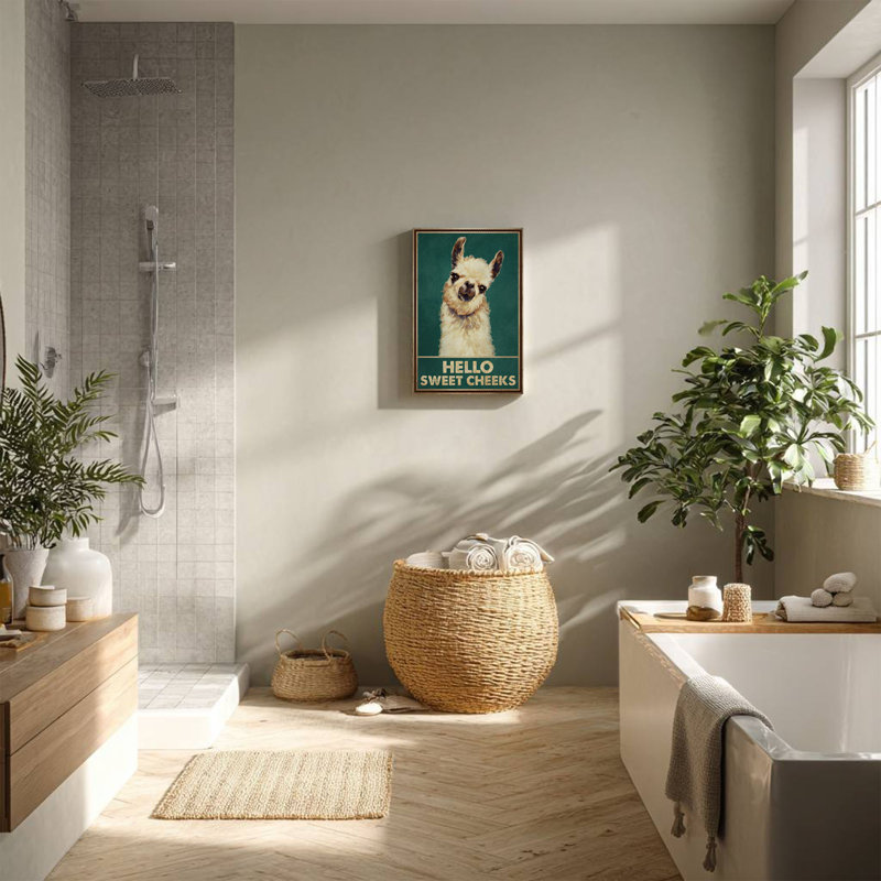 «Llama - pourquoi bonjour les joues douces», toile tendue - décor d'illustrations de salle de bain et de lessive, beige et vert foncé