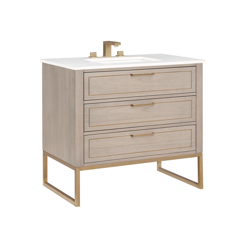 Markham 36'' W Single Vanity, Satin Brass, Cashmere Gray, White Quartz