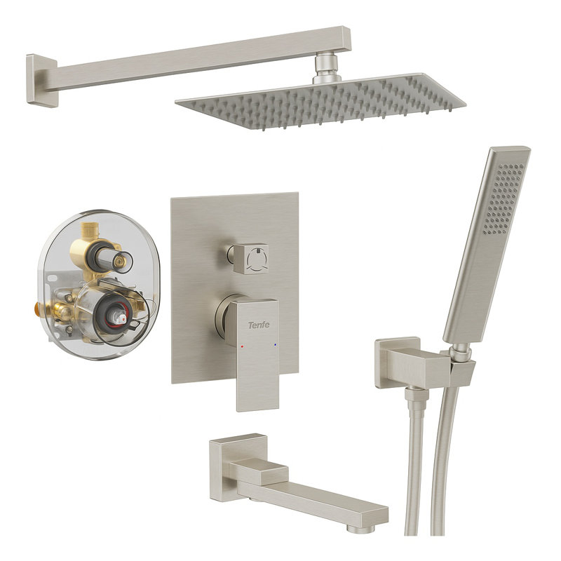 Brushed Nickel Rain Shower Head System with Bathtub Faucet Set, 3 Function NPT Folding Shower Faucet with Handheld for Bathroom