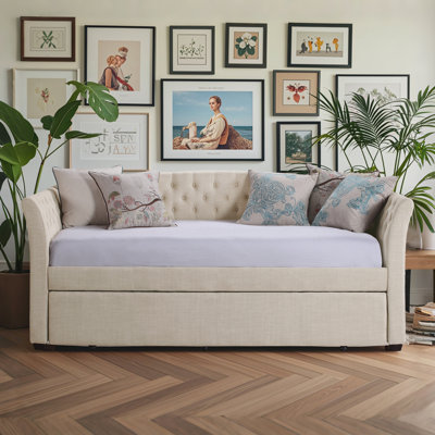Upholstered Twin Daybed with Trundle and Tufted Button Daybed Frame, for Living Room, Bedroom, Guest Room by Lark Manor